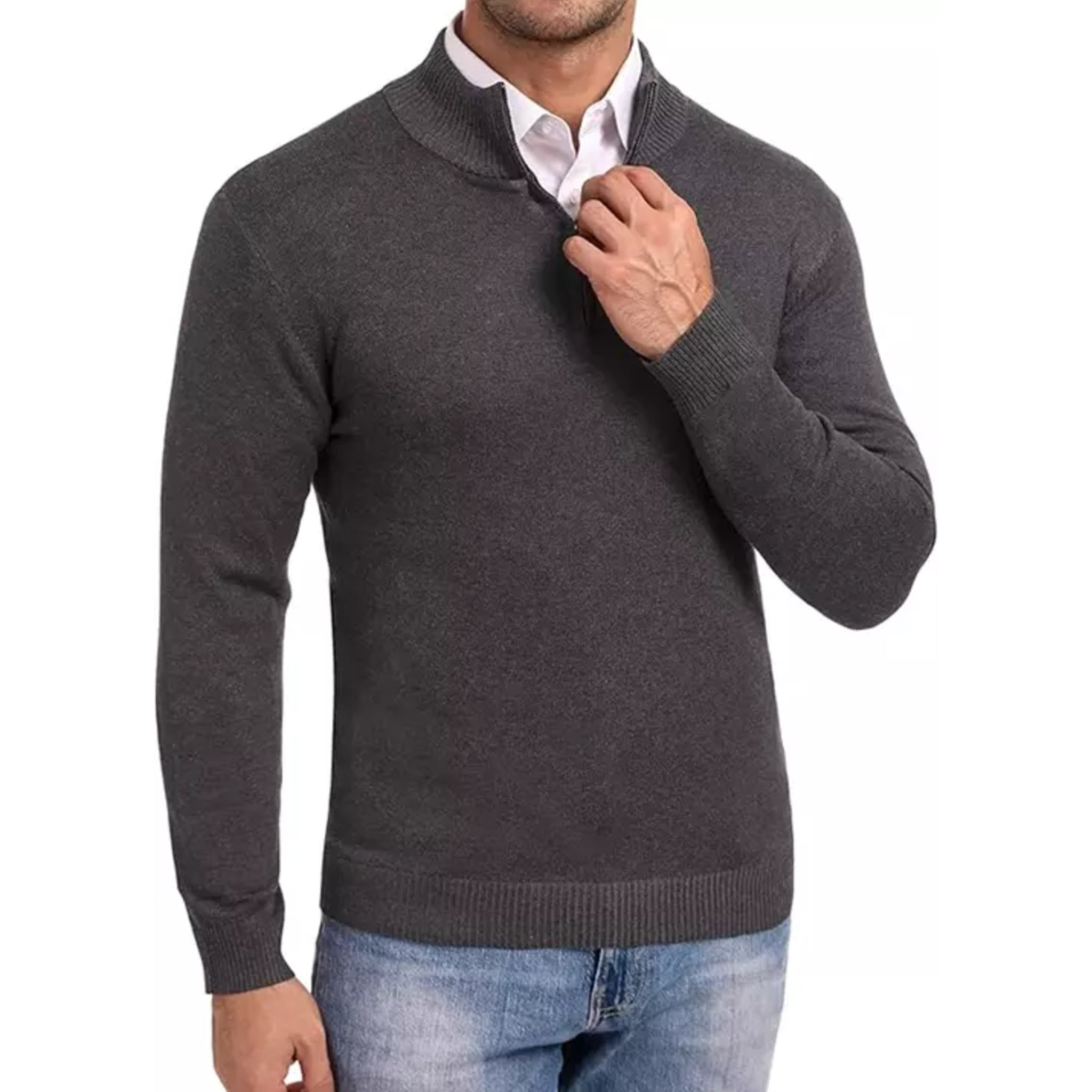 Men's high-quality classic 1/4 zip jumper in charcoal – long sleeve knit sweater with ribbed cuffs and hem, ideal for smart casual wear